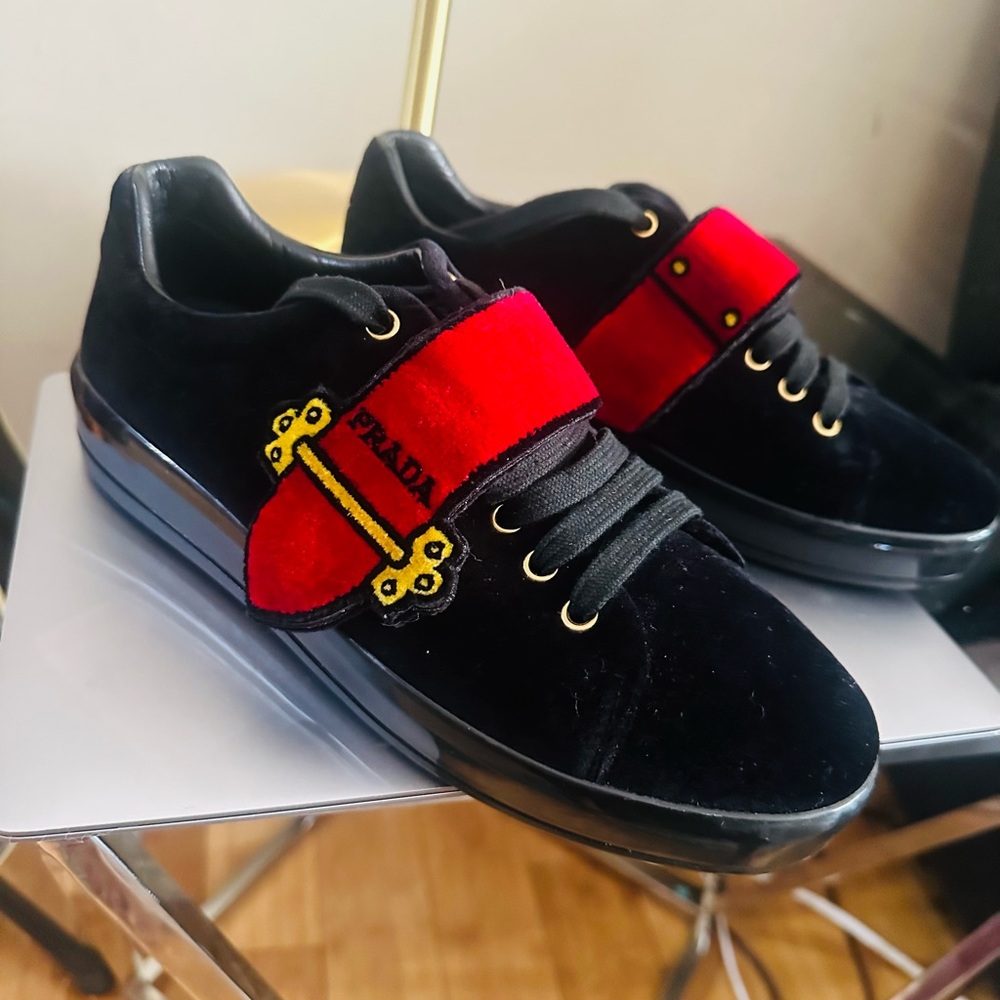Prada Velvet Black and Red Sneakers - Picture 4 of 7